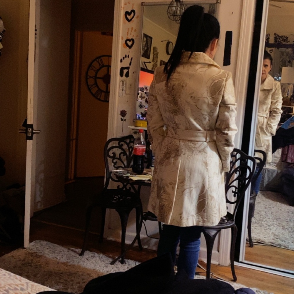 Bebe cream with gold wool pea coat.